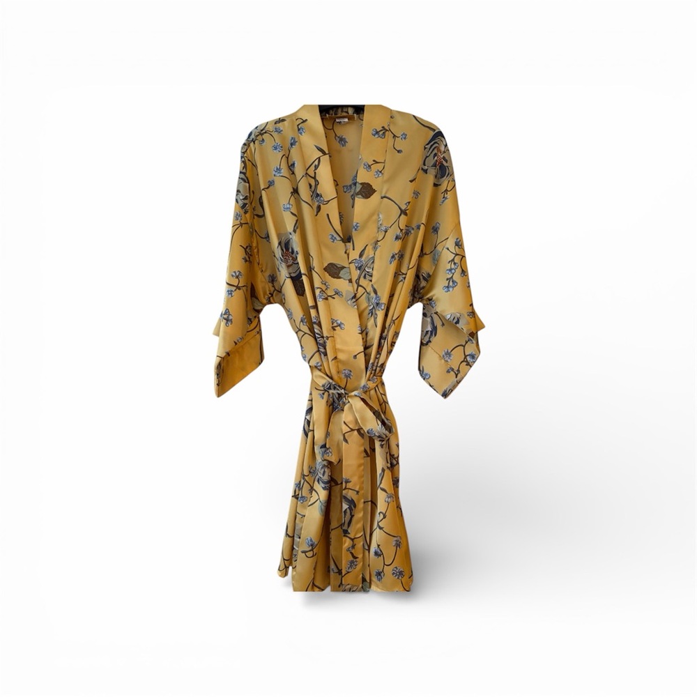 Kristen Tyler Floral Satin Gold Kimono Robe & Nightgown Set